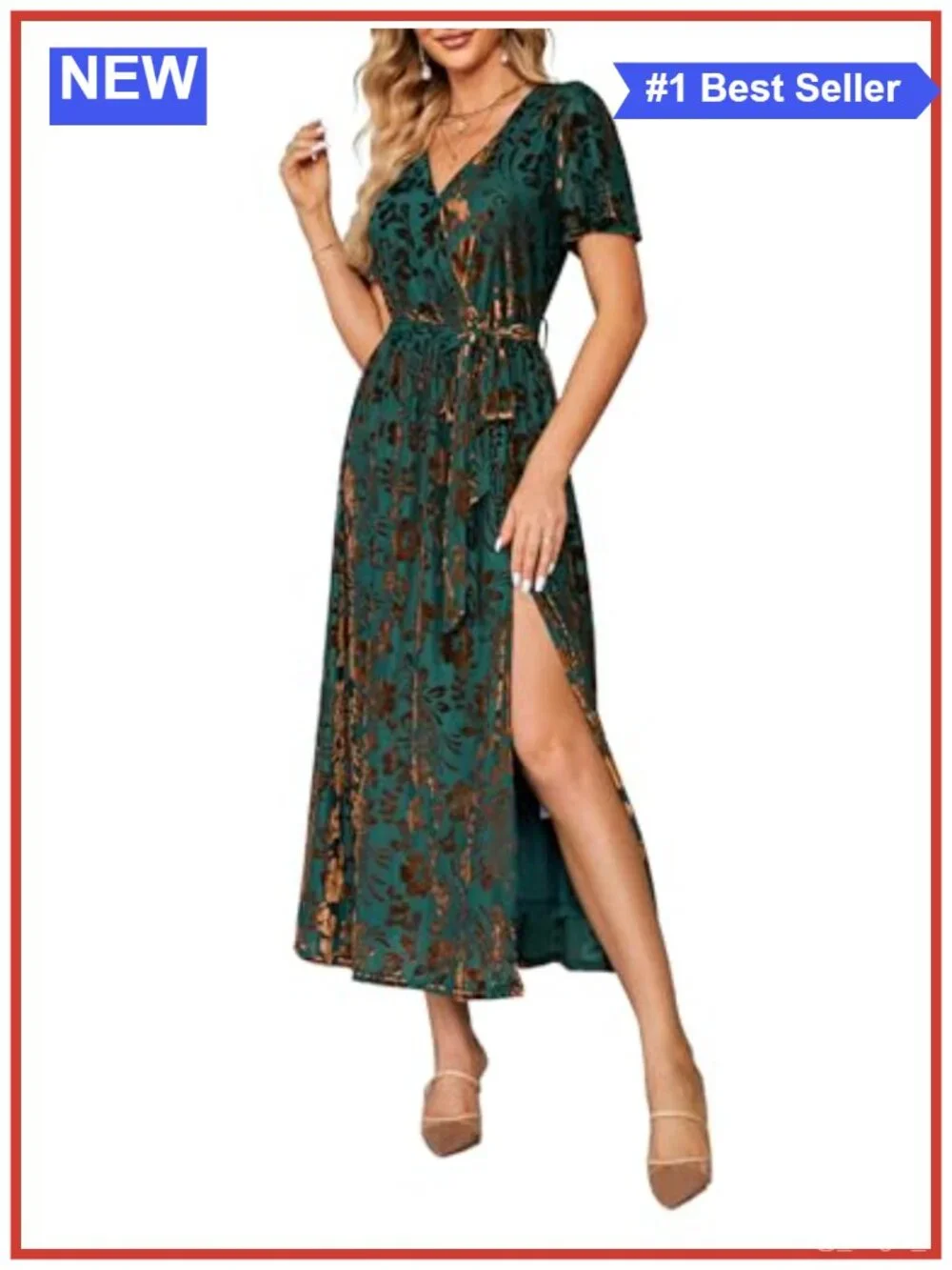 Velvet Wrap Maxi Dress Semi Formal Ruffle Sleeve V-Neck with Slit